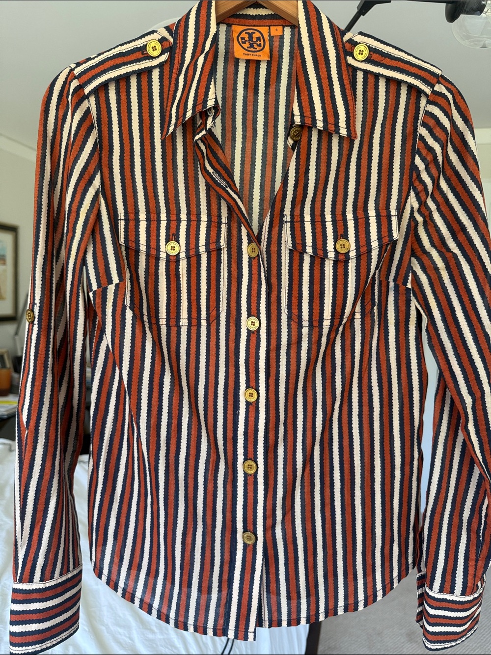 Tory Burch Navy, Rust & Cream Striped Button-Front Shirt